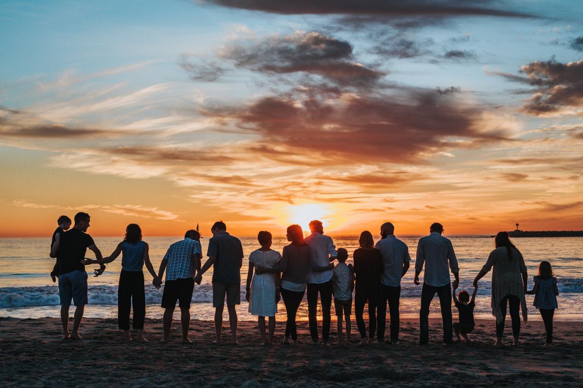 Silhouettes of a large extended family holding hands on the shore of a beach at sunset.