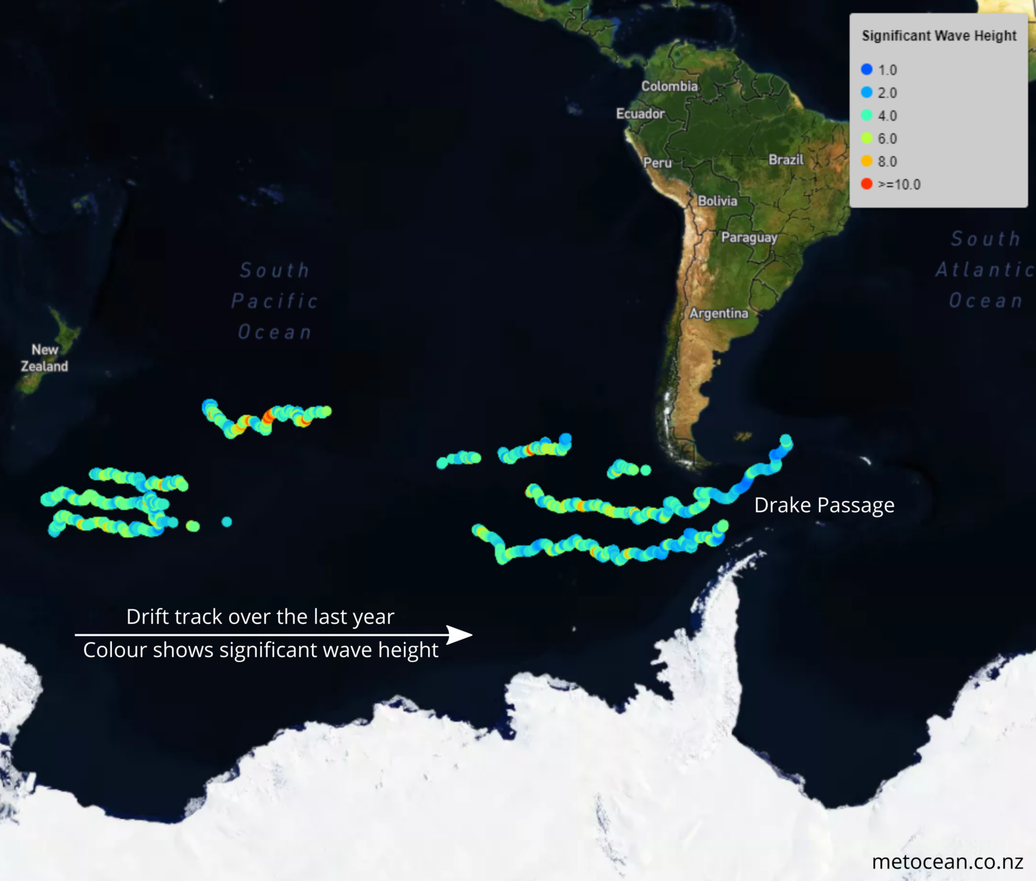 DRIFT TRACK AND SIGNIFICANT WAVE HEIGHTS MEASURED OVER THE LAST year.