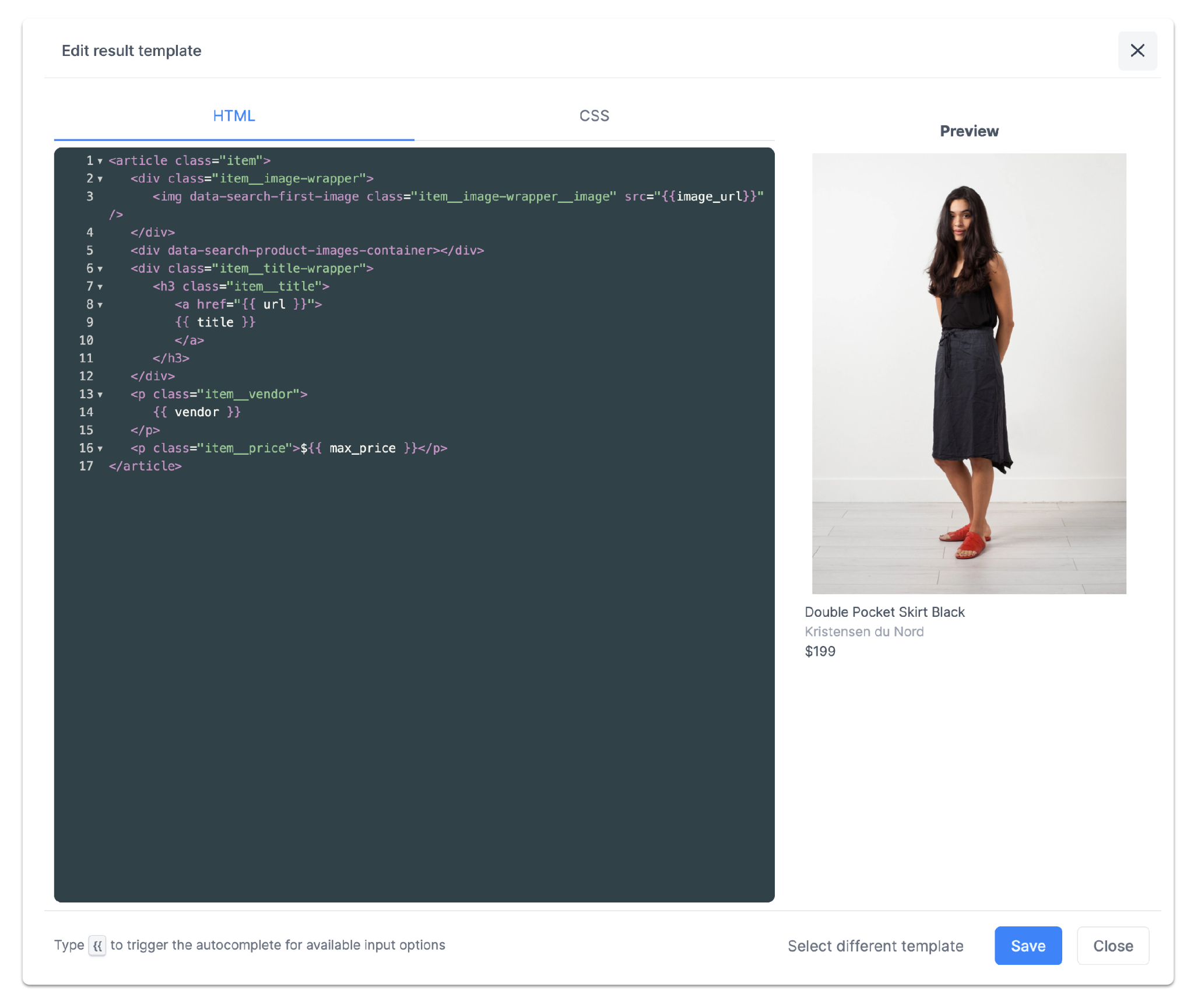search result template designer