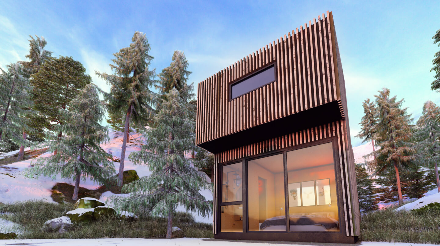 Module en bois dans une forêt