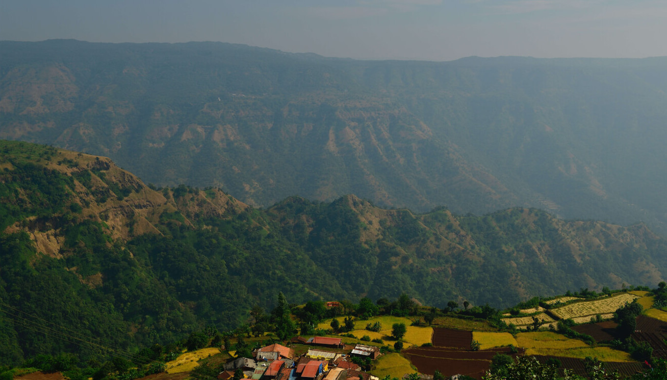 Un paysage forestier et un village.