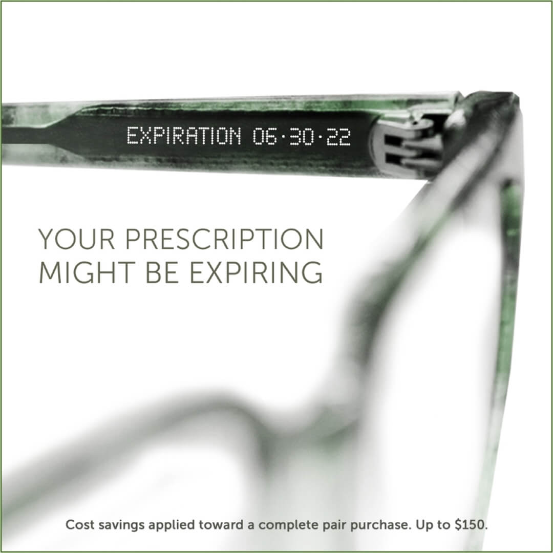 Closeup of glasses with text: Your Rx May Be Expiring