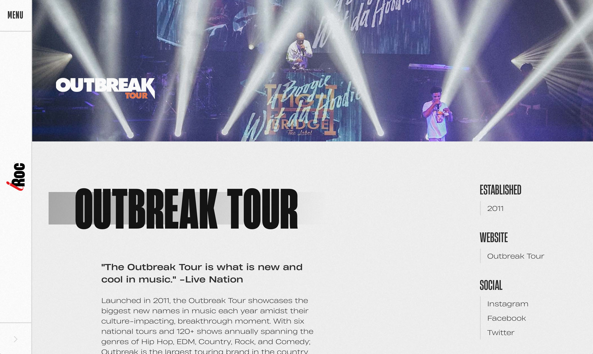 Idol Roc Website Screenshot - Outbreak tour page