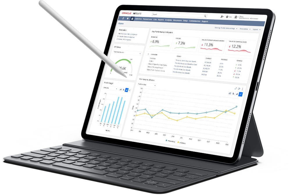 NetSuite Oracle dashboard on iPad mock.