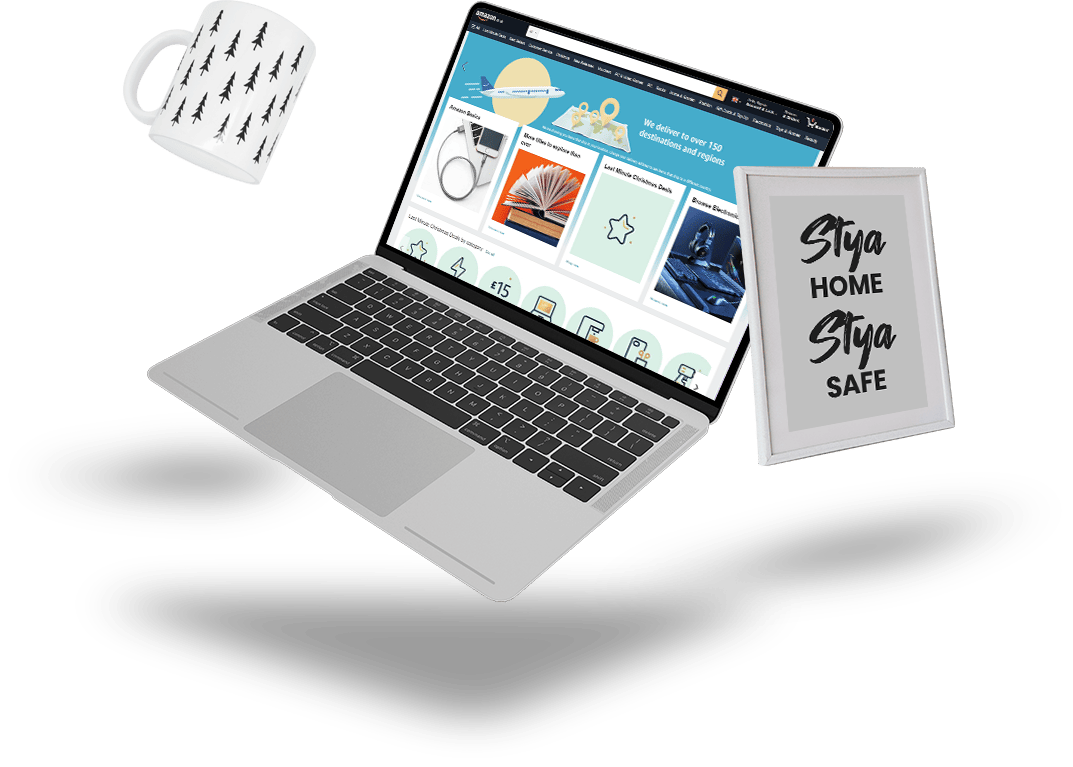 Amazon store dashboard on a laptop mockup.