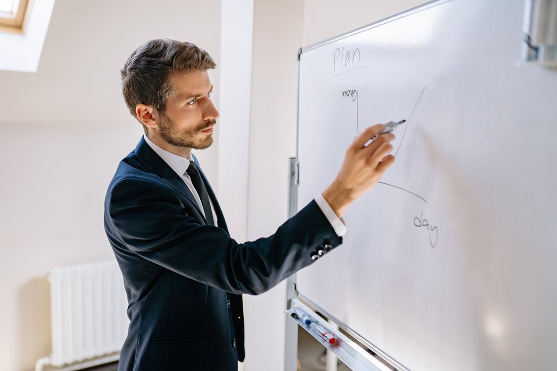 Businessman writing on white board
