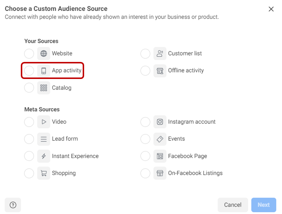 Pilihan aplikasi dalam custom audience