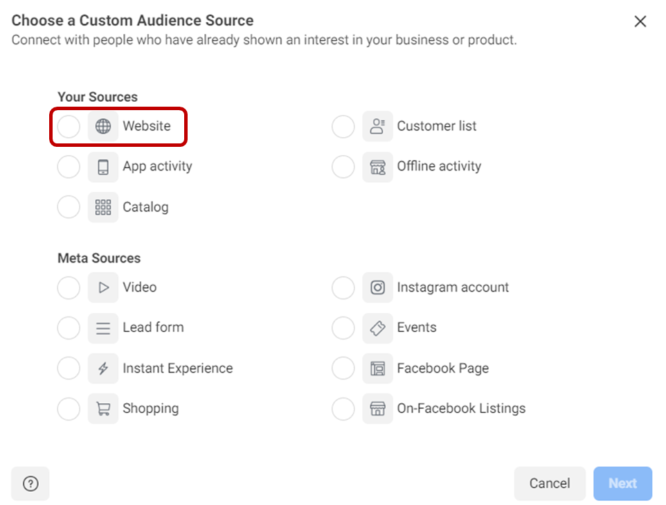 Pilihan website dalam custom audience