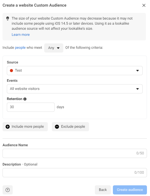 Tampilan setting website custom audience