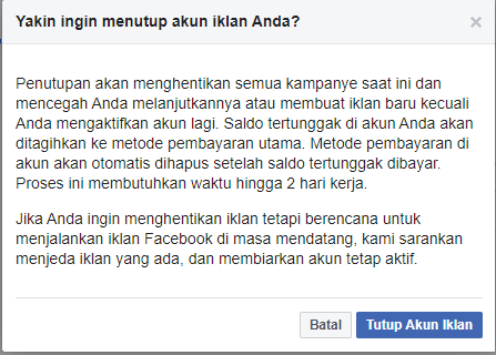 Tampilan konfirmasi menutup akun iklan