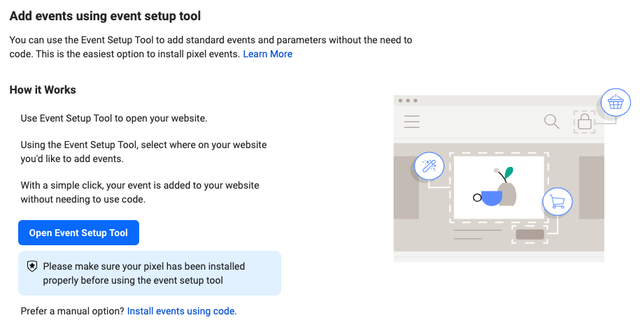 Cara membuat kode Facebook Pixel - open event setup tools