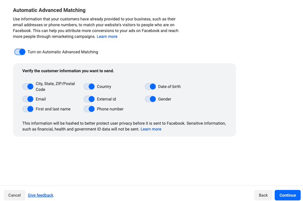 Cara membuat kode Facebook Pixel - automatic advanced matching