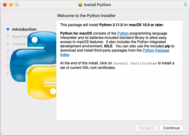 Tab instalasi Python di MacOS