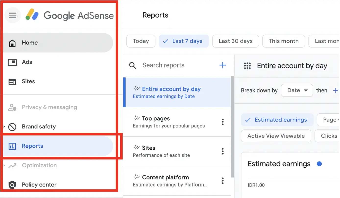 Menu Reports di Google AdSense
