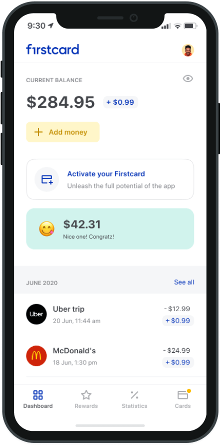 firstcard app screen showing current balance and discounts