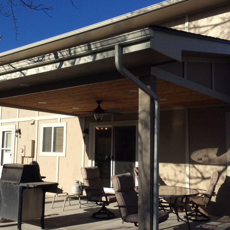 Covered Patio with Wood ceiling, Ceiling Fan and lighting