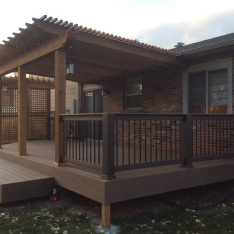 Standard Stacked Pergola over a Deck with Railings and step