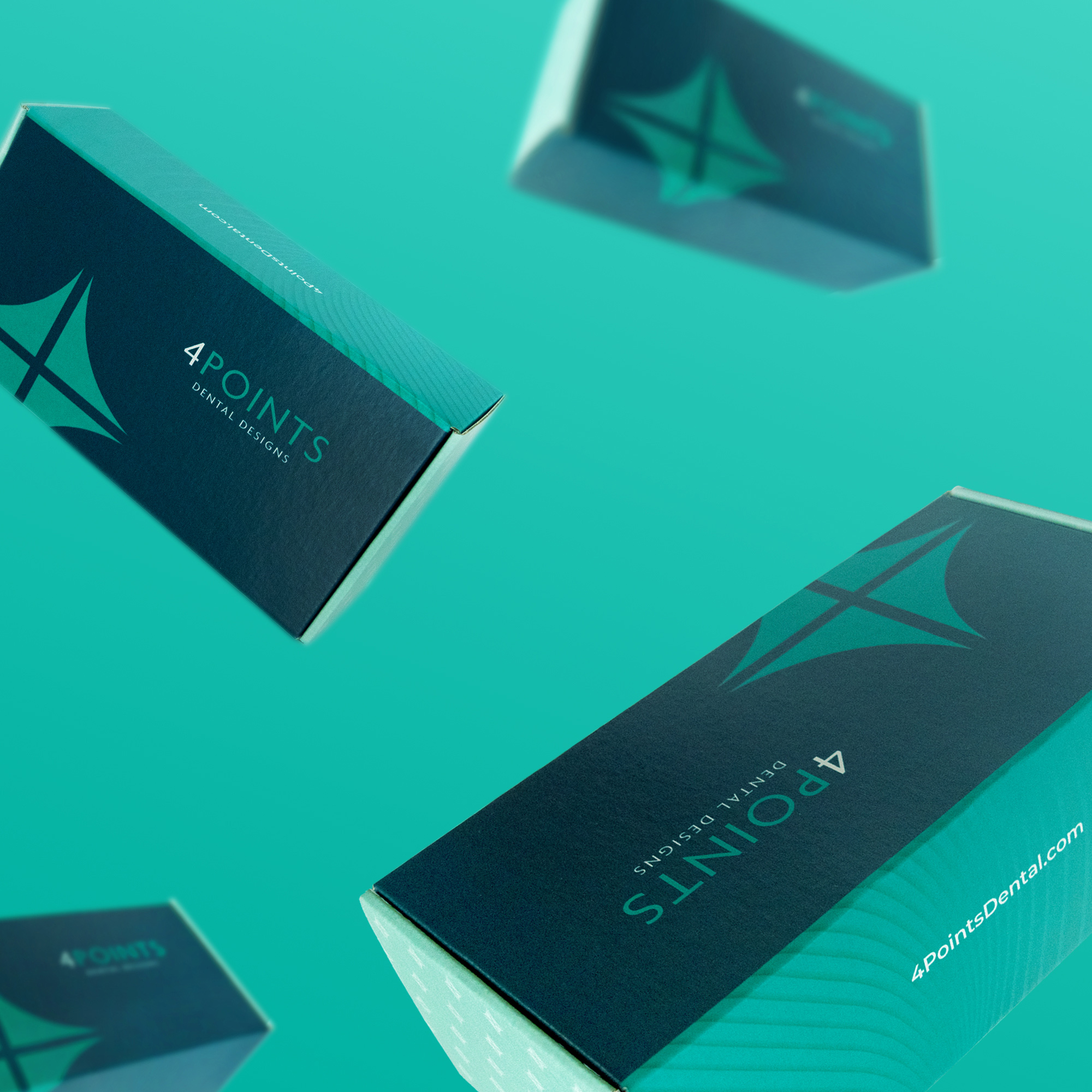 A flurry of branded 4Points boxes cascading against a teal background