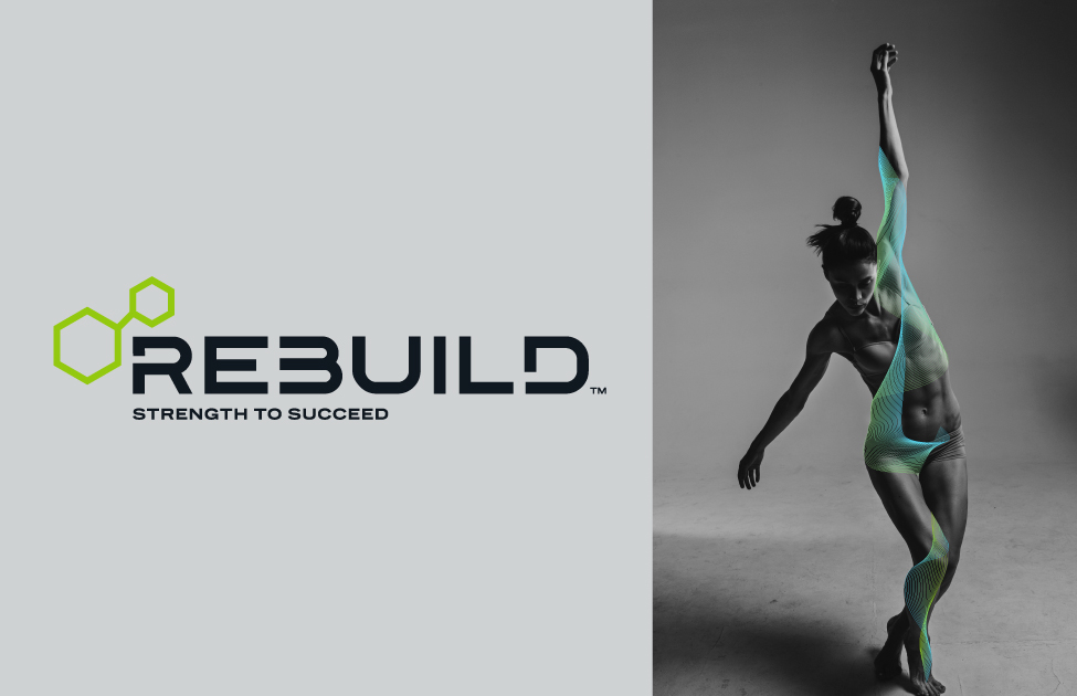 The Rebuild logo on a light background next to an example of the brand's photo treatment