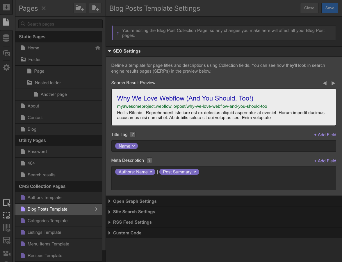 Image showing SEO interface of Webflow