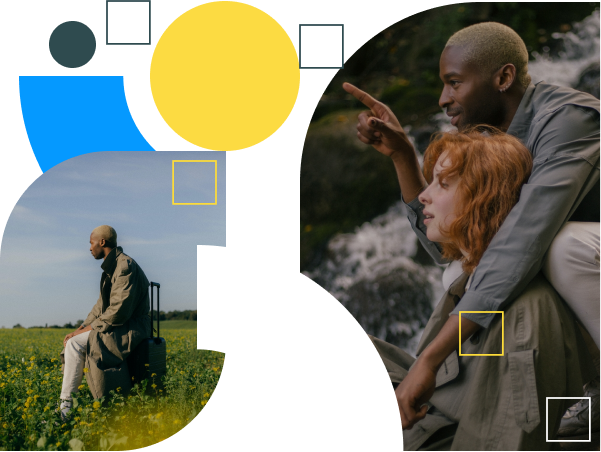 A graphic including abstract shapes and picture of two business professionals in nature.
