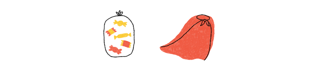 Illustration of bagged candy and kid's cape for Halloween.