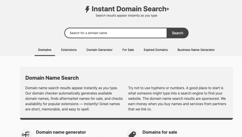 Instant domain search