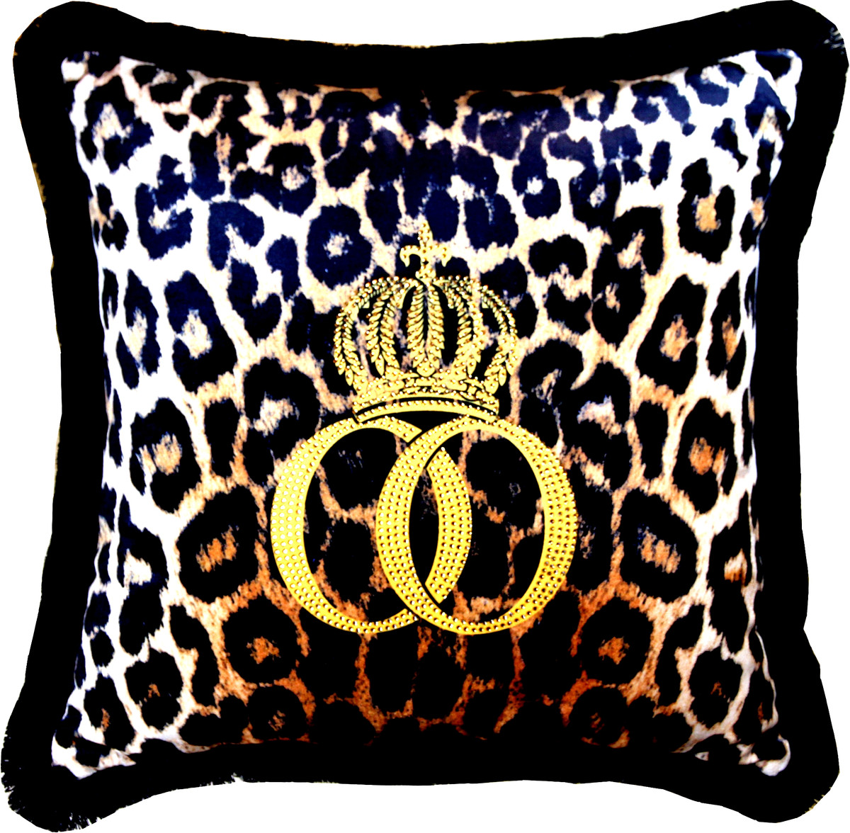 Harald Glööckler Luxus Deko Kissen Pompöös by Casa Padrino Krone Deluxe Leo mit Strass Steinen Schwarz / Orange / Gold - Feinster Samtstoff - Glööckler Kissen