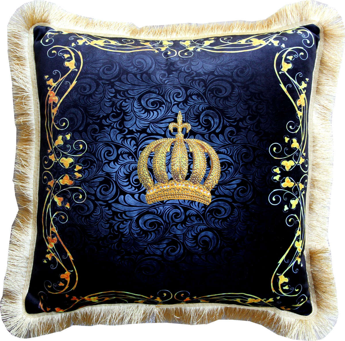 Harald Glööckler Luxus Deko Kissen Pompöös by Casa Padrino Krone & Verzierungen Schwarz / Gold - Feinster Samtstoff - Glööckler Kissen mit Strass Steinen