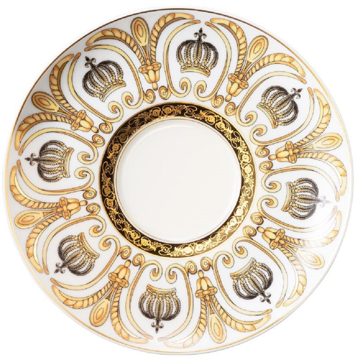 Harald Glööckler Pompöös Milchkaffee Untertasse mit Krone Weiß / Gold Ø 16 x H. 2,3 cm - Runde Porzellan Untertasse - designed by Harald Glööckler
