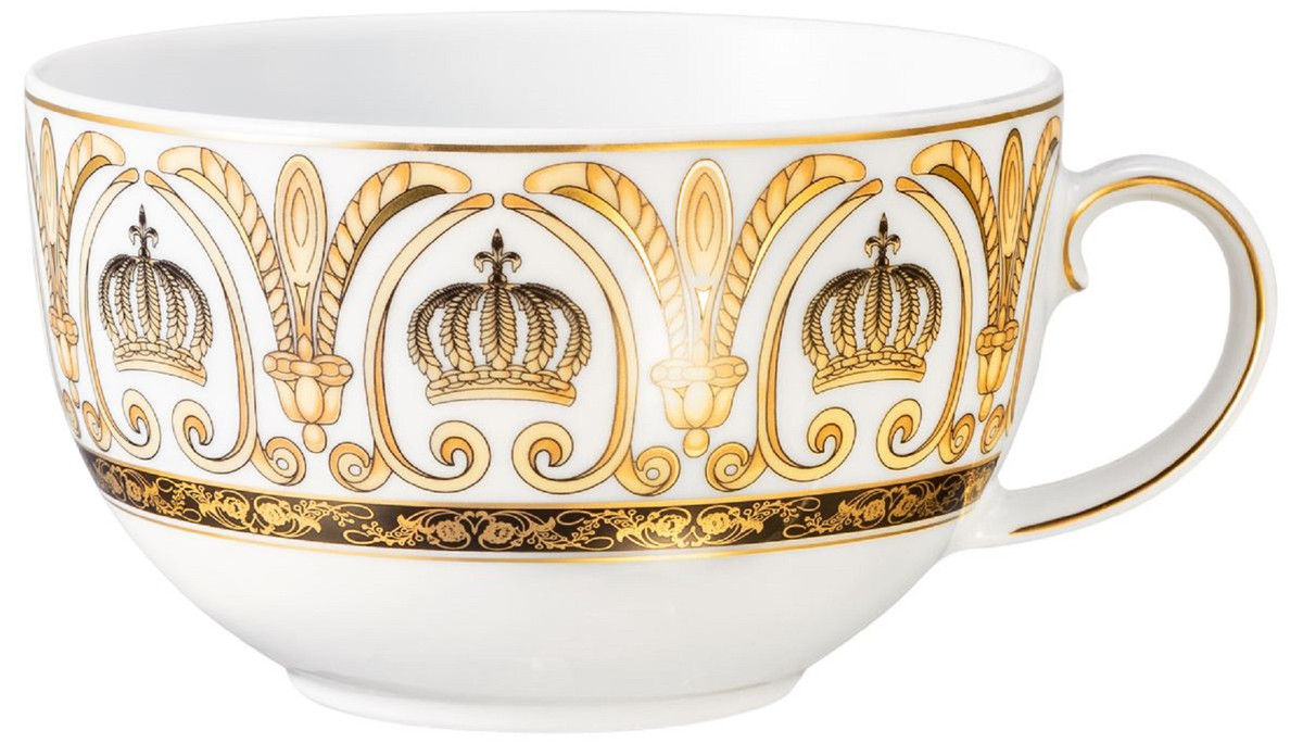 Harald Glööckler Pompöös Milchkaffeetasse mit Krone Weiß / Gold 12,7 x 10,5 x H. 6,4 cm - Runde Porzellan Kaffeetasse mit Henkel - Teetasse - designed by Harald Glööckler