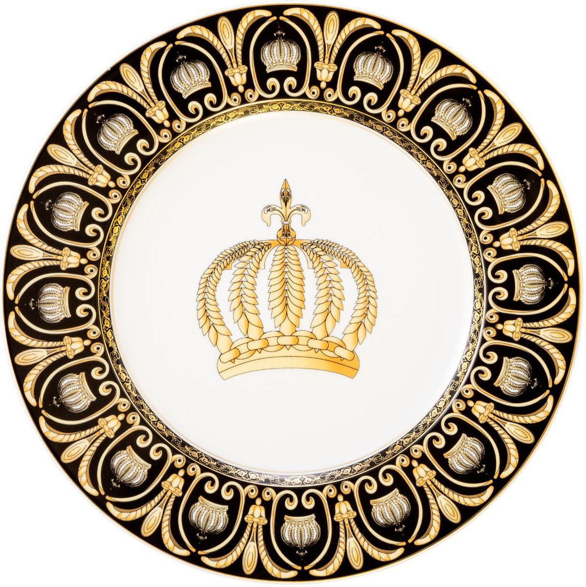 Harald Glööckler Pompöös Speiseteller mit Krone Weiß / Schwarz / Gold Ø 27 x H. 2,5 cm - Runder Porzellan Essteller - designed by Harald Glööckler