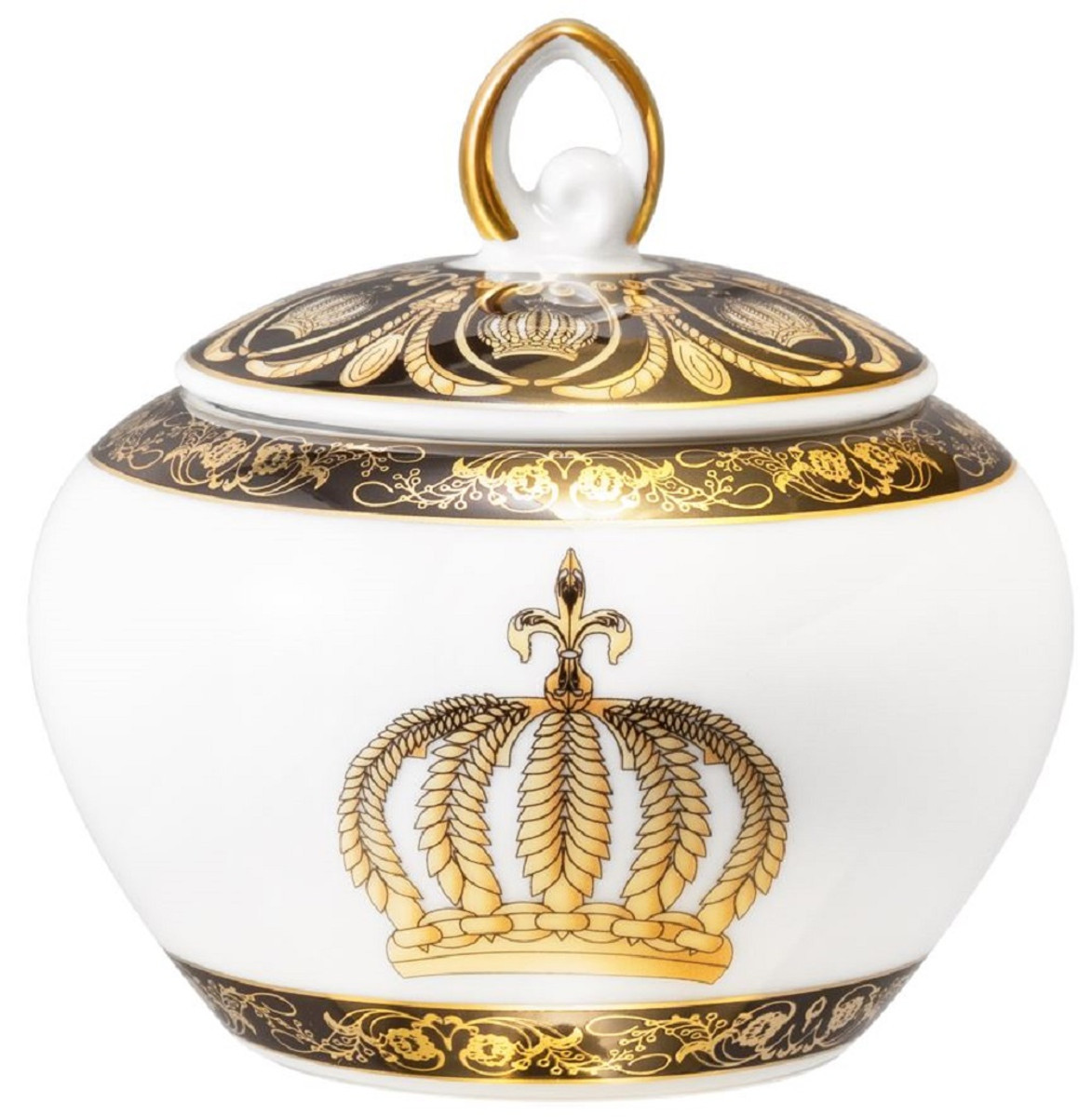 Harald Glööckler Pompöös Zuckerdose mit Krone Weiß / Schwarz / Gold Ø 9,4 x H. 9,3 cm - Runde Porzellan Zuckerdose mit Deckel - designed by Harald Glööckler