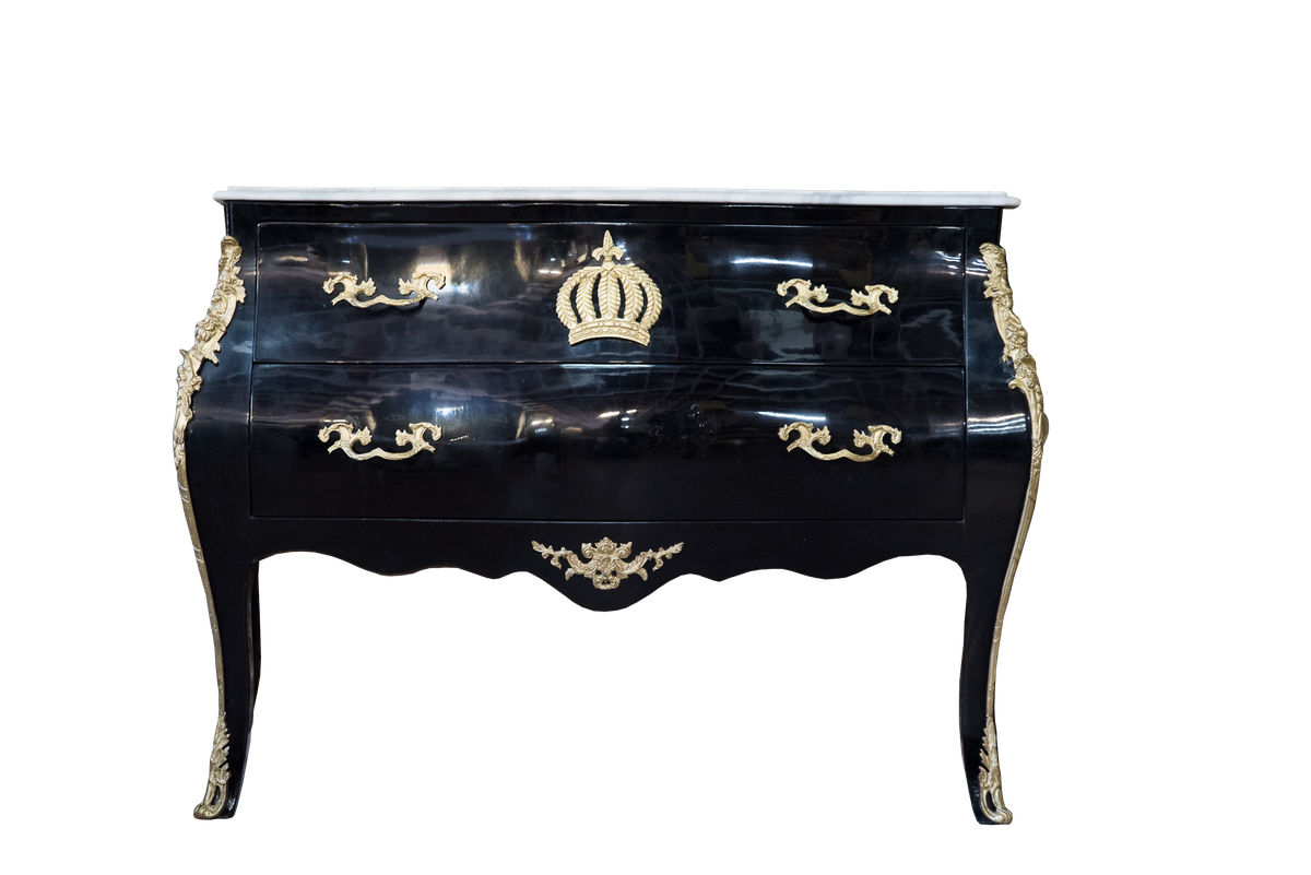 Pompöös by Casa Padrino Barock Kommode mit 2 Schubladen und Marmorplatte Schwarz / Gold / Weiß - Pompööse Barock Kommode designed by Harald Glööckler