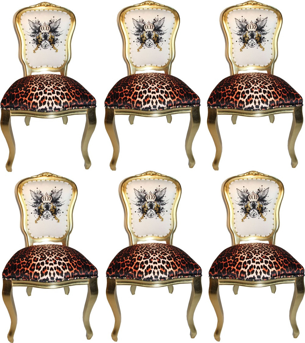 Pompöös by Casa Padrino Luxus Barock Esszimmerstühle Glitzerkrone & Engelsflügel Leopard / Weiß / Gold 50 x 60 x H.104 cm - Pompööse Barock Stühle designed by Harald Glööckler - 6 Esszimmerstühle