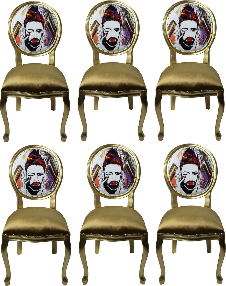 Pompöös by Casa Padrino Luxus Barock Esszimmerstühle Gold / Mehrfarbig 50 x 60 x H.104 cm - Pompööse Barock Stühle designed by Harald Glööckler - 6 Esszimmerstühle