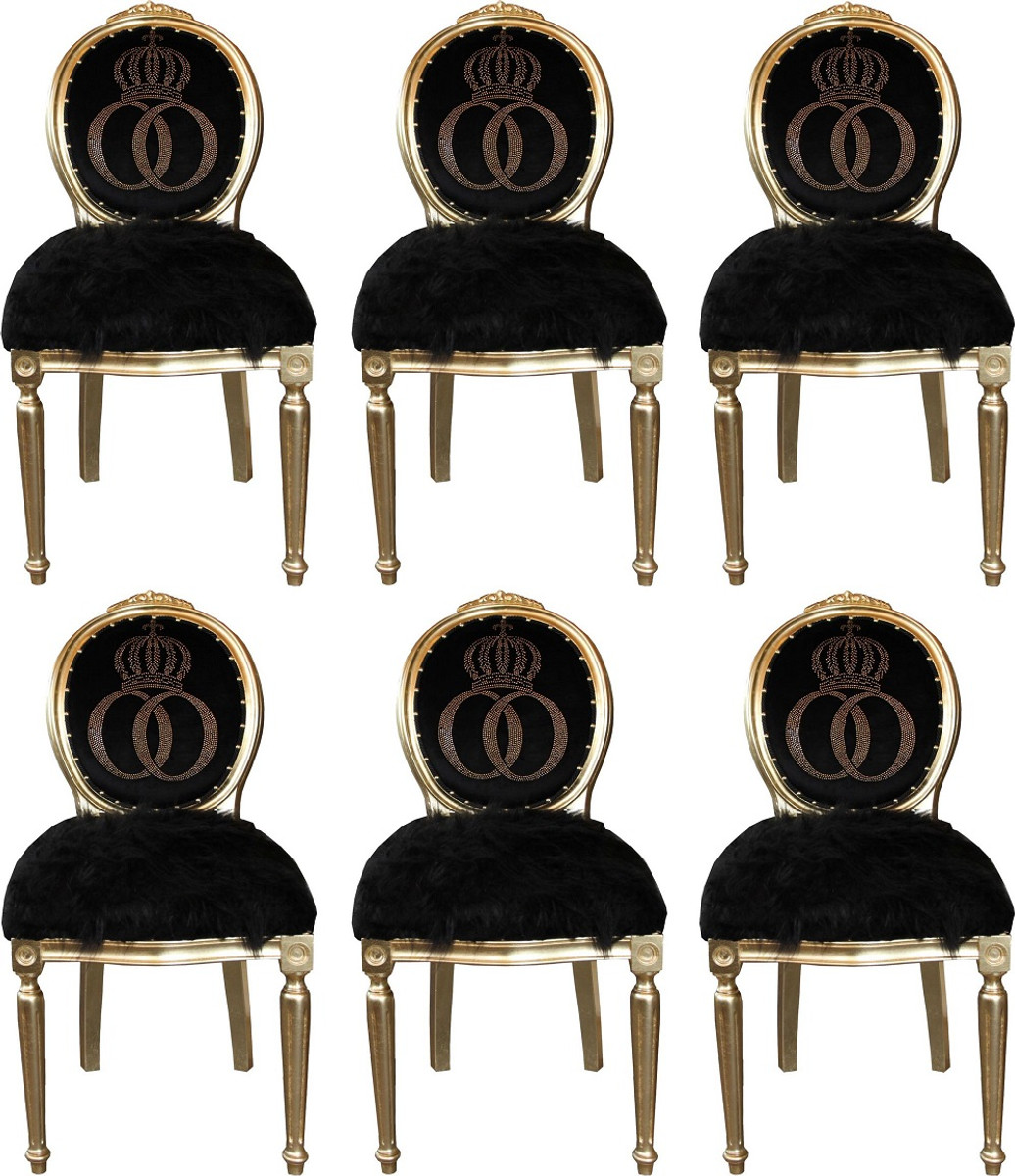 Pompöös by Casa Padrino Luxus Barock Esszimmerstühle Kunstfell Schwarz / Gold Krone mit Glitzersteinen 50 x 60 x H. 104 cm - Pompööse Barock Stühle designed by Harald Glööckler - 6 Esszimmerstühle