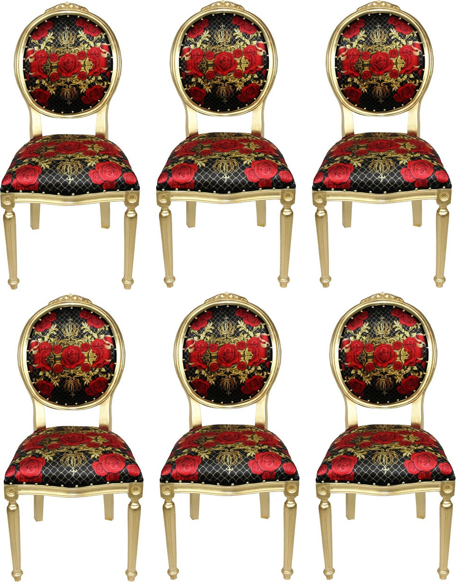 Pompöös by Casa Padrino Luxus Barock Esszimmerstühle Rosen Schwarz / Rot / Gold - Pompööse Barock Stühle designed by Harald Glööckler - 6 Esszimmerstühle
