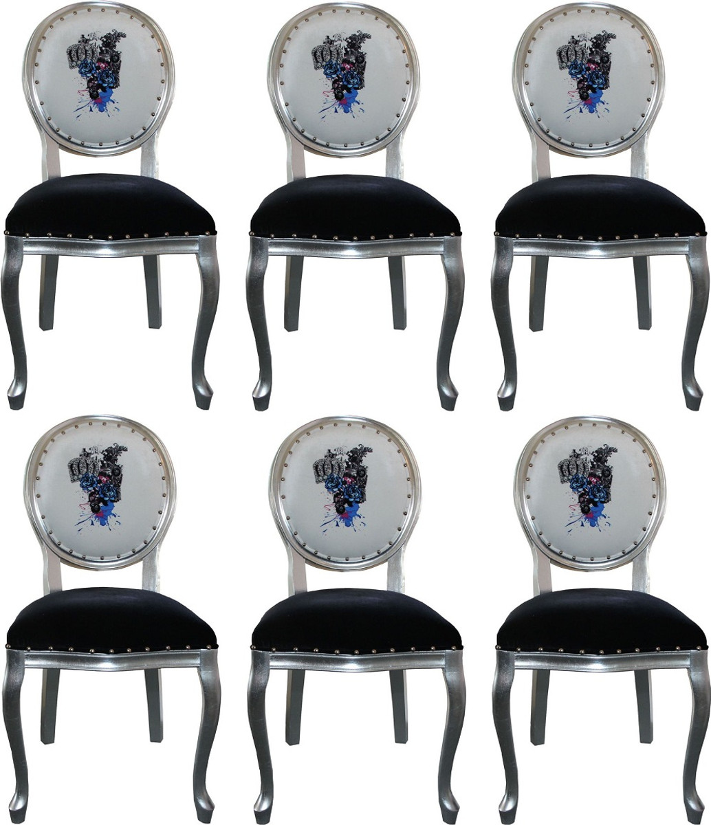 Pompöös by Casa Padrino Luxus Barock Esszimmerstühle Schwarz / Weiß / Silber 50 x 60 x H. 104 cm - Pompööse Barock Stühle designed by Harald Glööckler - 6 Esszimmerstühle