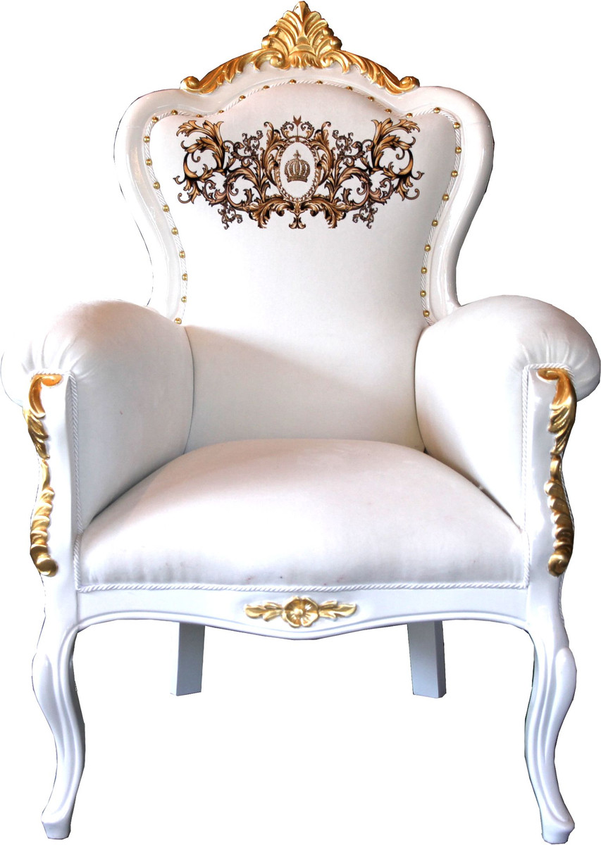 Pompöös by Casa Padrino Luxus Barock Sessel Bergere Weiß / Gold mit Glitzersteinen besetzt - Pompööser Barock Sessel designed by Harald Glööckler