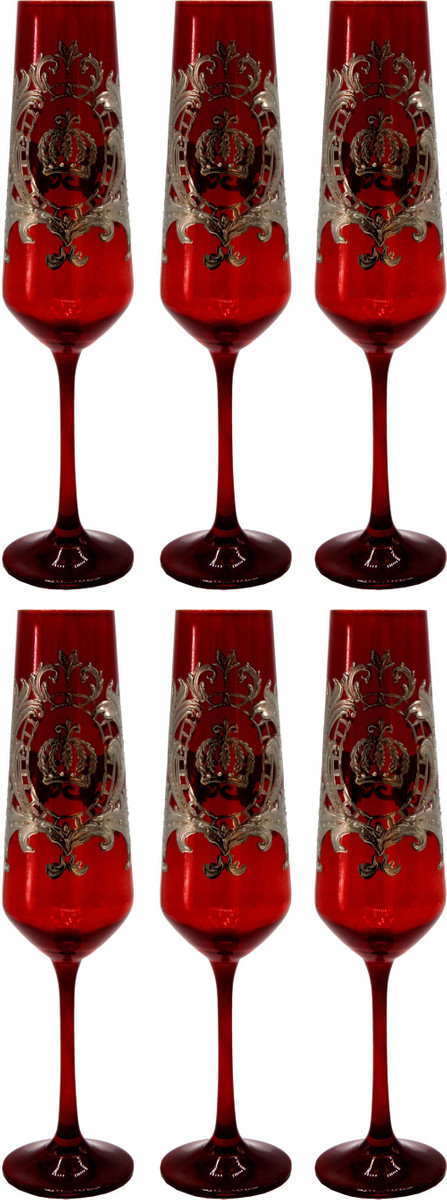 Pompöös by Casa Padrino Luxus Champagnerglas Set Bordeauxrot / Silber Ø 6 x H. 25 cm - Champagnergläser mit edler Platin Beschichtung - Pompööse Gläser designed by Harald Glööckler