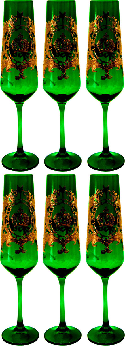 Pompöös by Casa Padrino Luxus Champagnerglas Set Dunkelgrün / Gold Ø 6 x H. 25 cm - Champagnergläser mit 24 Karat Vergoldung - Pompööse Gläser designed by Harald Glööckler