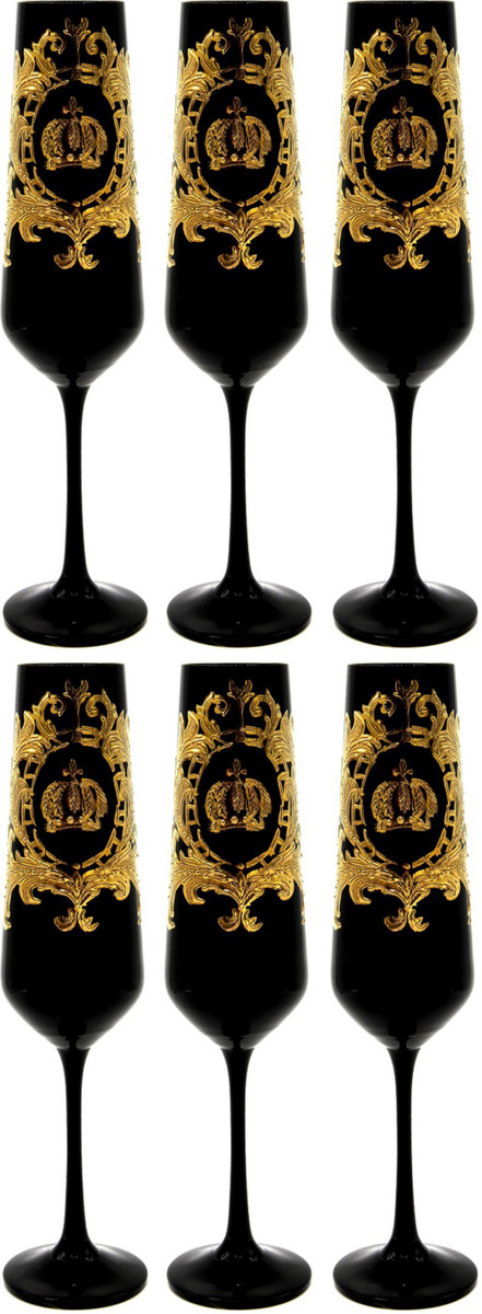 Pompöös by Casa Padrino Luxus Champagnerglas Set Schwarz / Gold Ø 6 x H. 25 cm - Champagnergläser mit 24 Karat Vergoldung - Pompööse Gläser designed by Harald Glööckler
