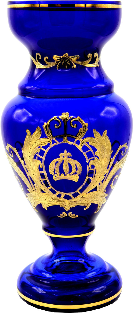 Pompöös by Casa Padrino Luxus Pokal Vase mit 24 Karat Vergoldung Blau / Gold Ø 14 x H. 30,5 cm - Pompööse Blumenvase designed by Harald Glööckler
