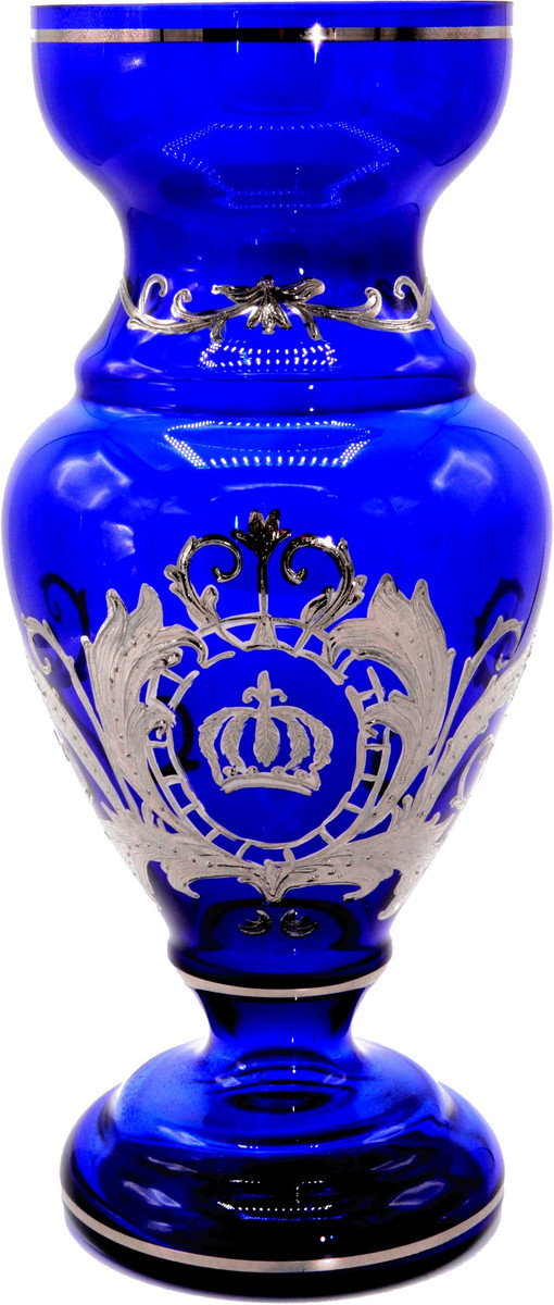 Pompöös by Casa Padrino Luxus Pokal Vase mit edler Platin Beschichtung Blau / Silber Ø 14 x H. 30,5 cm - Pompööse Blumenvase designed by Harald Glööckler