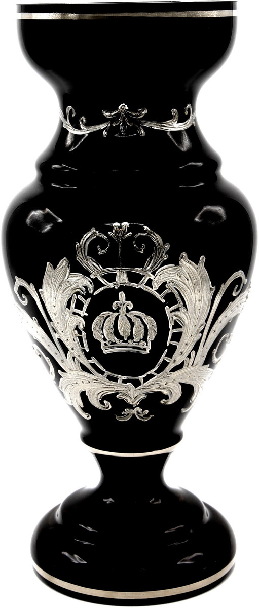 Pompöös by Casa Padrino Luxus Pokal Vase mit edler Platin Beschichtung Schwarz / Silber Ø 14 x H. 30,5 cm - Pompööse Blumenvase designed by Harald Glööckler