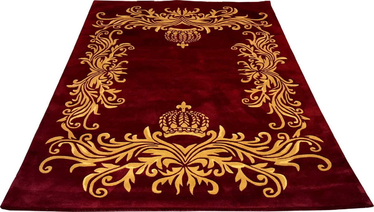 Pompöös by Casa Padrino Luxus Teppich von Harald Glööckler - ALLE GRÖßEN - Krone Bordeauxrot / Gold - Barock Design Teppich - Handgewebt aus Wolle