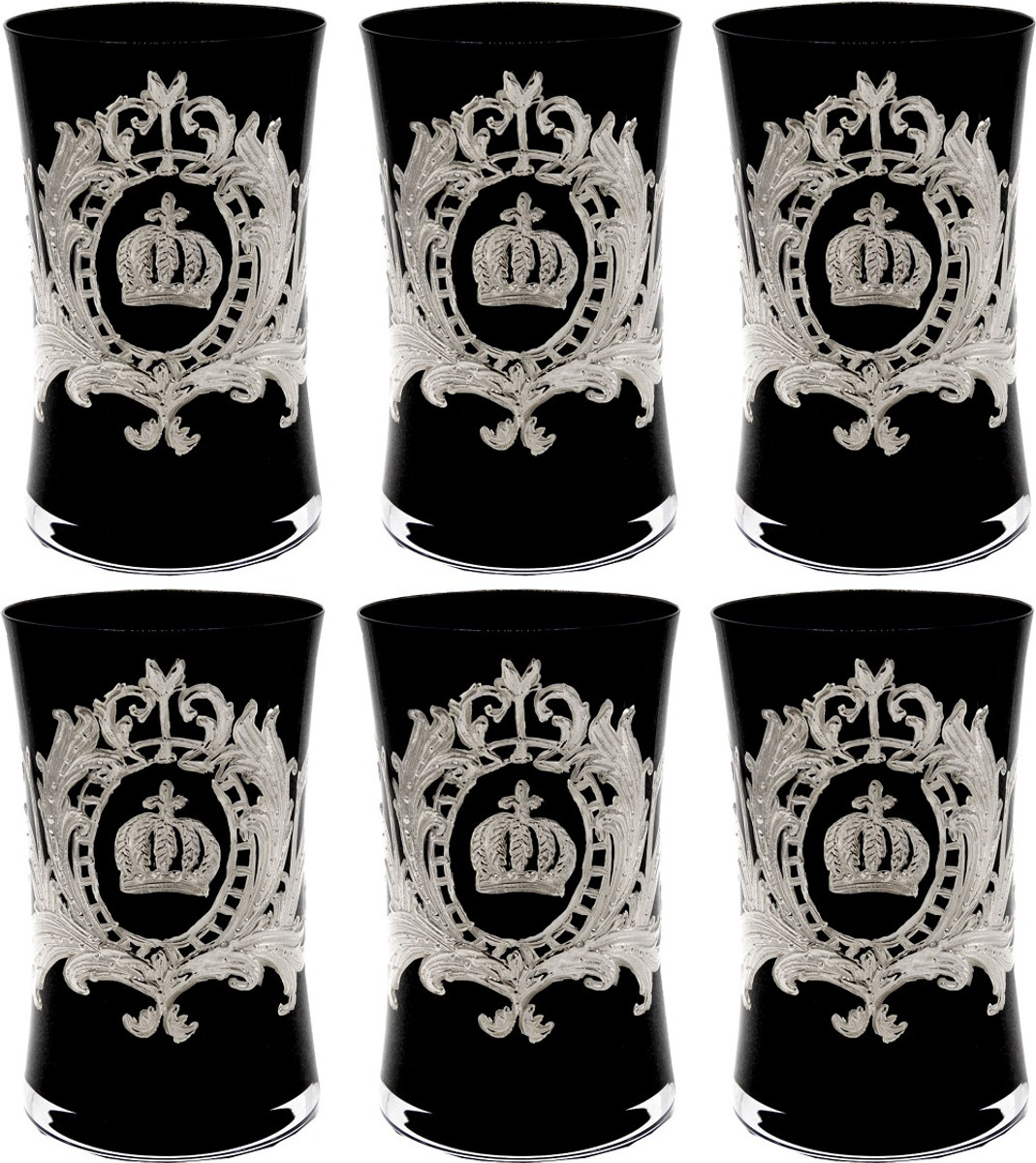 Pompöös by Casa Padrino Luxus Wasserglas Set Schwarz / Silber Ø 8 x H. 13 cm - Wassergläser mit edler Platin Beschichtung - Pompööse Gläser designed by Harald Glööckler