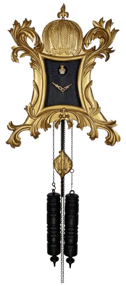 Pompöös Kuckucksuhr mit Krone Gold / Schwarz 35 x H. 45 cm - Handgeschnitzte Schwarzwälder Wanduhr im Rokoko Stil - designed by Harald Glööckler