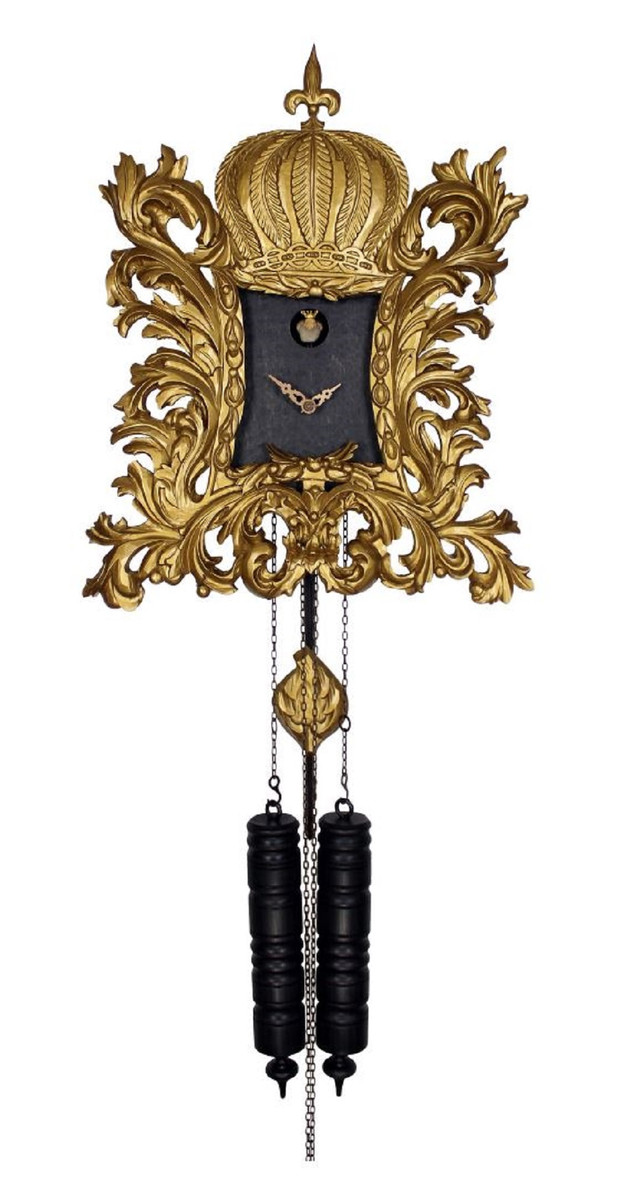Pompöös Schwarzwälder Kuckucksuhr mit Krone Gold / Schwarz 35 x H. 45 cm - Handgeschnitzte Wanduhr im Rokoko Stil - designed by Harald Glööckler